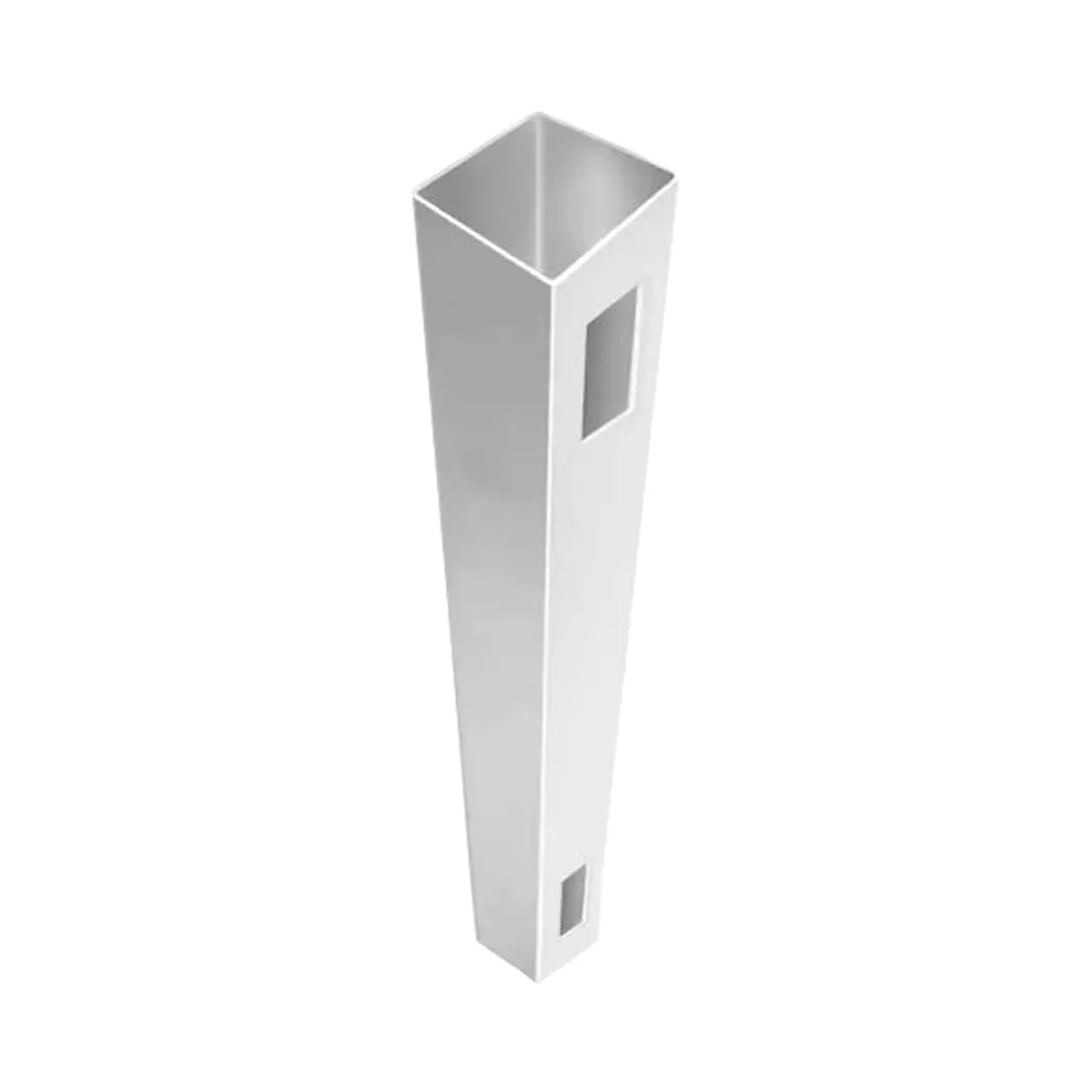 A white, square Acadia 5 in. x 5 in. x 9 ft. Vinyl End Fence Post by Go Build, The Fastest Way To Build, features two rectangular cutouts and is displayed against a plain white background.